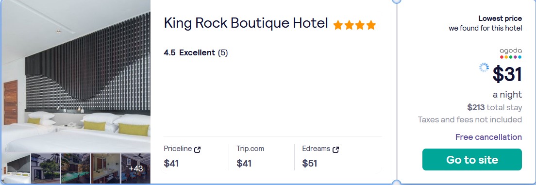 Stay at the 4* King Rock Boutique Hotel in Siem Reap, Cambodia for only $31 USD per night. Flight deal ticket image.