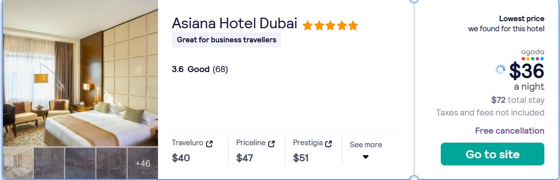 Stay at the 5* Asiana Hotel Dubai in Dubai, UAE for only $36 USD per night. Flight deal ticket image.