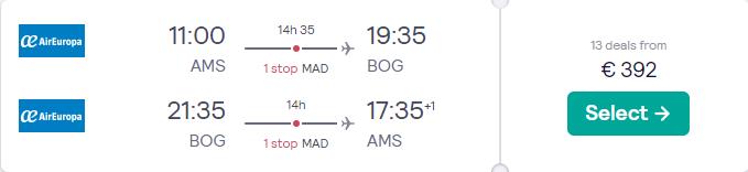 Cheap flights from Amsterdam, Netherlands to Bogota, Colombia for only €392 roundtrip with Air Europa. Flight deal ticket image.