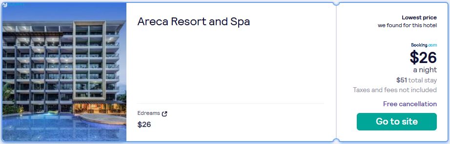 Stay at the 5* Areca Resort and Spa in Phuket, Thailand for only $26 USD per night. Flight deal ticket image.