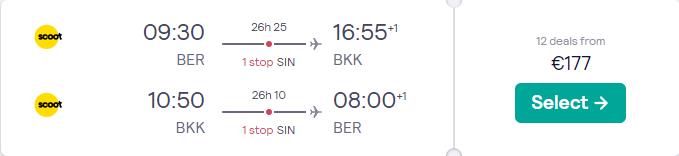 Cheap flights from Berlin, Germany to Bangkok, Thailand for only €177 roundtrip. Flight deal ticket image.