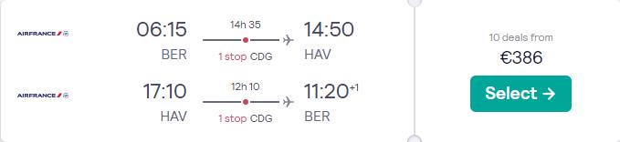 Cheap flights from Berlin, Germany to Havana, Cuba for only €386 roundtrip with Air France. Flight deal ticket image.
