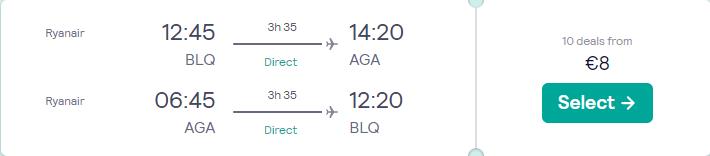 Non-stop flights from Bologna, Italy to Agadir, Morocco for only €8 roundtrip. Flight deal ticket image.