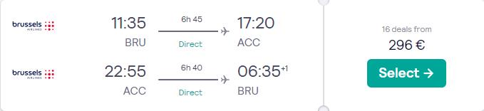 Non-stop flights from Brussels, Belgium to Accra, Ghana for just €296 return with Brussels Airlines.  Image of flight offer ticket.