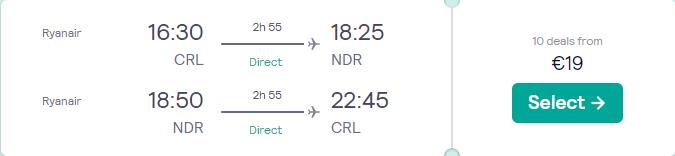 Non-stop flights from Brussels, Belgium to Nador, Morocco for only €19 roundtrip. Flight deal ticket image.