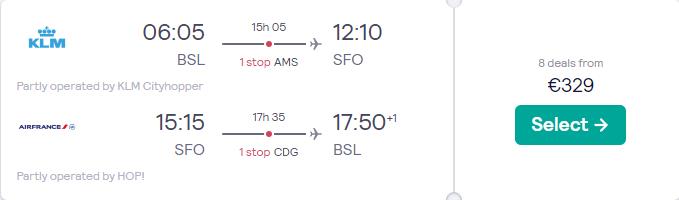 Cheap flights from Basel, Switzerland to San Francisco, USA for only €329 roundtrip with KLM and Air France. Flight deal ticket image.