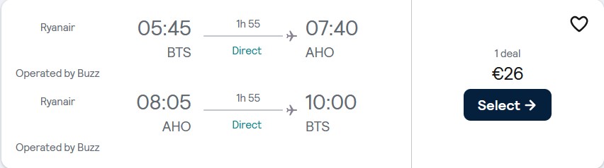 Click here to book this cheap flight deal. Non-stop flights from Bratislava, Slovakia to Sardinia for only €26 roundtrip. Flight deal ticket image.