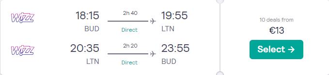 Non-stop flights from Budapest, Hungary to London, UK for only €13 roundtrip. Flight deal ticket image.
