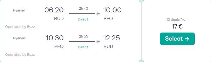 Non-stop flights from Budapest, Hungary to Paphos, Cyprus for only €17 roundtrip. Flight deal ticket image.