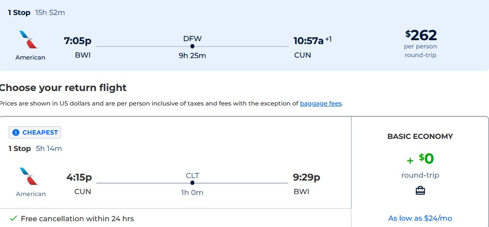 Click here to book this cheap flight deal. Cheap flights from Baltimore to Cancun, Mexico for only $262 roundtrip with American Airlines. Flight deal ticket image.