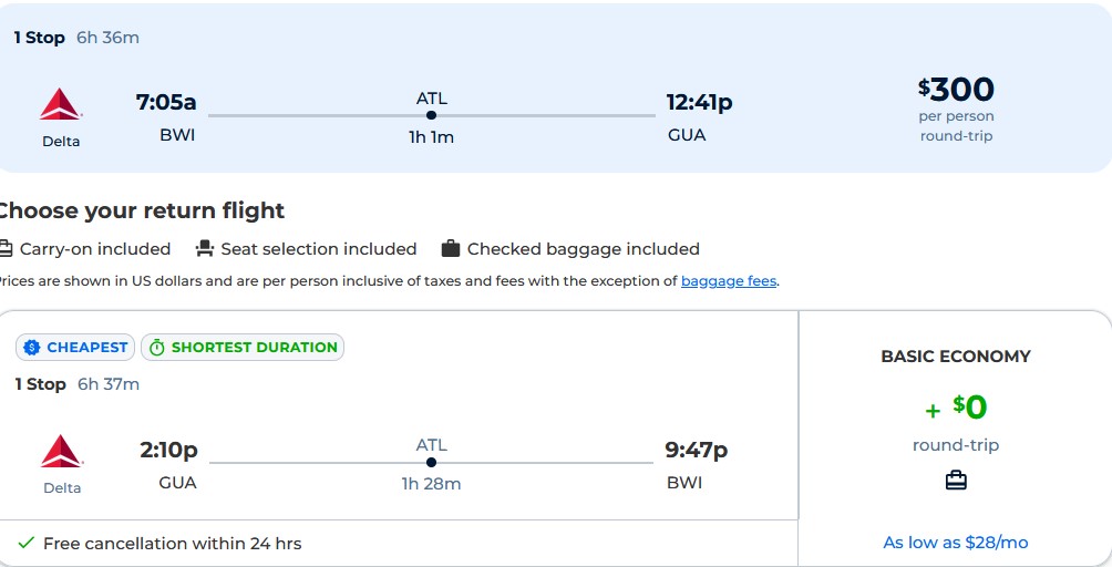 Click here to book this cheap flight deal. Cheap flights from Baltimore to Guatemala City, Guatemala for only $300 roundtrip with Delta Air Lines. Flight deal ticket image.