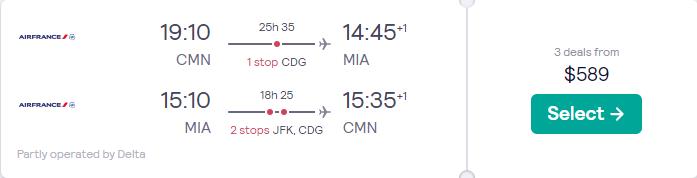 Cheap flights from Casablanca, Morocco to Miami, USA for only $589 USD roundtrip with Air France and Delta Air Lines. Flight deal ticket image.