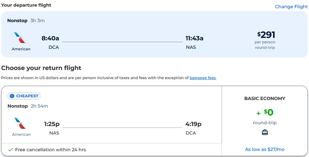 Non-stop flights from Washington DC to the Bahamas for only $291 roundtrip with American Airlines. Flight deal ticket image.