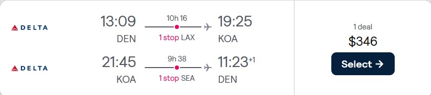 Summer flights from Denver, Colorado to Kona, Hawaii for only $346 roundtrip with Delta Air Lines. Also works in reverse. Flight deal ticket image.