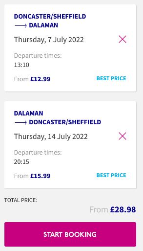 Non-stop flights from Doncaster, UK to Dalaman, Turkey for only £28 roundtrip. Flight deal ticket image.