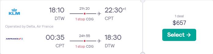 Cheap flights from Detroit to Cape Town, South Africa for only $657 roundtrip with Delta Air Lines and Air France. Flight deal ticket image.