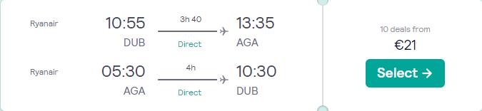 Non-stop flights from Dublin, Ireland to Agadir, Morocco for only €21 roundtrip. Flight deal ticket image.
