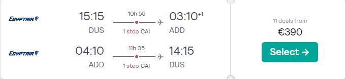 Cheap flights from Dusseldorf, Germany to Addis Ababa, Ethiopia for only €390 roundtrip. Flight deal ticket image.