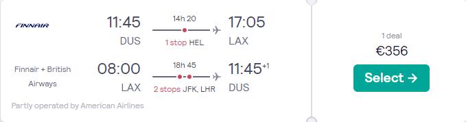 Cheap flights from Dusseldorf, Germany to Los Angeles, USA for only €356 roundtrip with Finnair, American Airlines and British Airways. Flight deal ticket image.