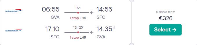 Click here to book this cheap flight deal. Cheap flights from Geneva, Switzerland to San Francisco, USA for only €326 roundtrip with British Airways. Flight deal ticket image.