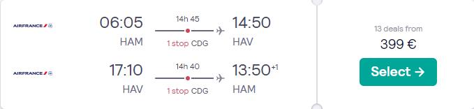 Cheap flights from Hamburg, Germany to Havana, Cuba for only €399 roundtrip with Air France. Flight deal ticket image.