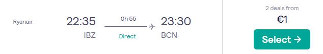 Non-stop flights from Ibiza or Palma de Mallorca, Spain to Barcelona or Madrid, Spain for only €1 one-way. Flight deal ticket image.