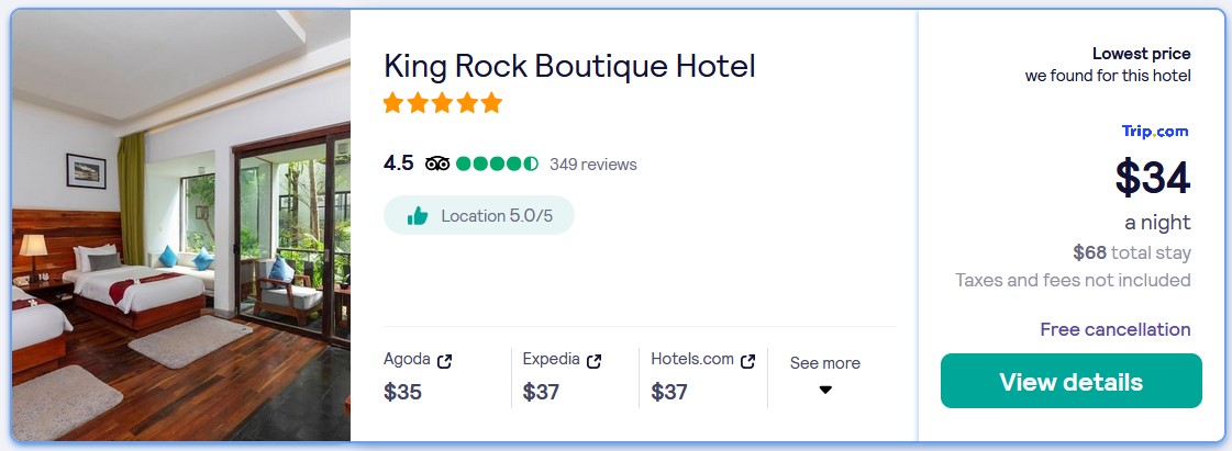 Stay at the 5* King Rock Boutique Hotel in Siem Reap, Cambodia for only $34 USD per night. Flight deal ticket image.
