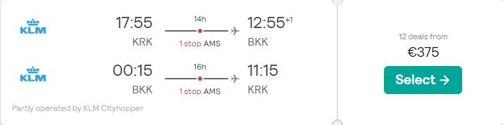 Cheap flights from Krakow, Poland to Bangkok, Thailand for only €375 roundtrip with KLM. Flight deal ticket image.