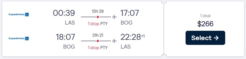 Cheap flights from Las Vegas to Bogota, Colombia for just $266 round trip with Copa Airlines.  Image of flight offer ticket.
