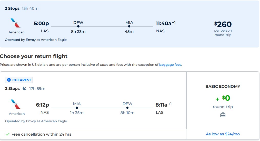 Cheap flights from Las Vegas to the Bahamas for only $260 roundtrip with American Airlines. Flight deal ticket image.