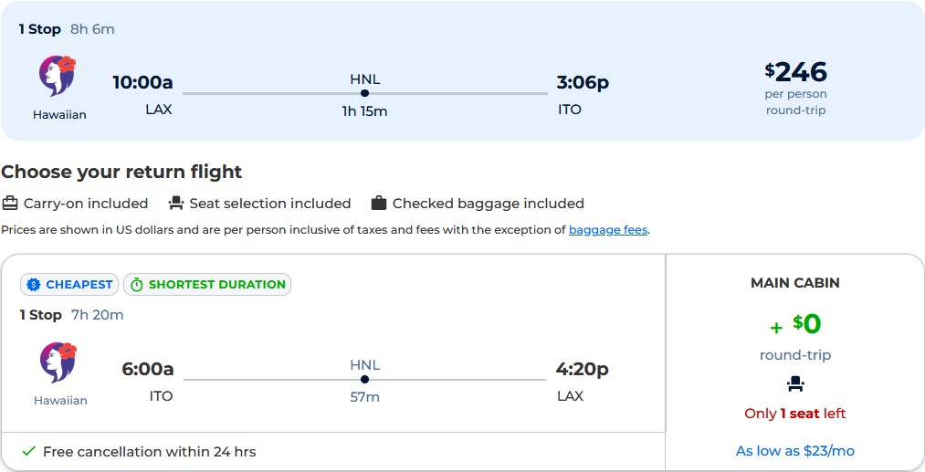 Click here to book this cheap flight deal. Cheap flights from Los Angeles to Hilo for only $246 roundtrip with Hawaiian Airlines. Also works in reverse. Flight deal ticket image.