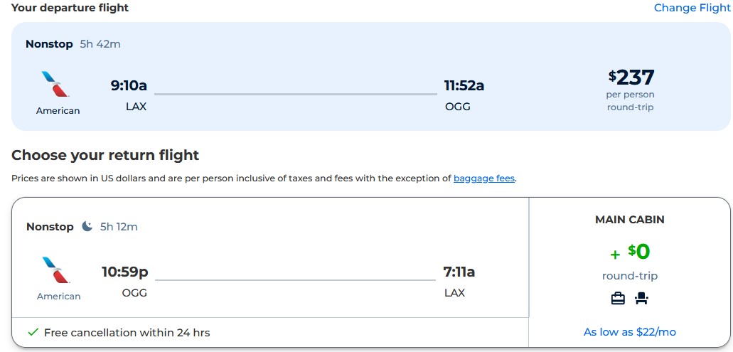 Click here to book this cheap flight deal. Cheap flights from US cities to Kahului, Hawaii from only $237 roundtrip with American Airlines. Also works in reverse. Flight deal ticket image.