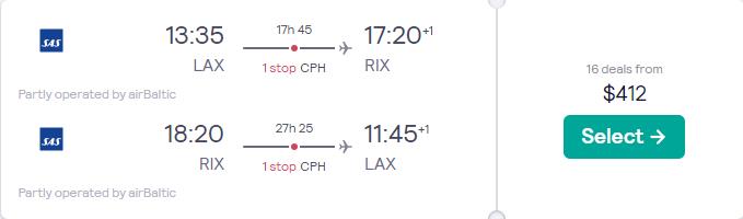 Cheap flights from Los Angeles to Riga, Latvia for only $412 roundtrip with SAS. Flight deal ticket image.