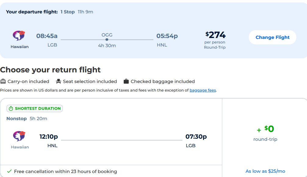 Non-stop flights from Long Beach, California to Honolulu, Hawaii for only $274 roundtrip with Hawaiian Airlines. Also works in reverse. Flight deal ticket image.