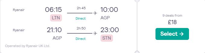 Click here to book this cheap flight deal. Non-stop flights from London, UK to Malaga, Spain for only £18 roundtrip. Flight deal ticket image.