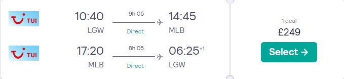 Non-stop flights from London or Manchester, UK to Melbourne, Florida for only £249 roundtrip. Flight deal ticket image.