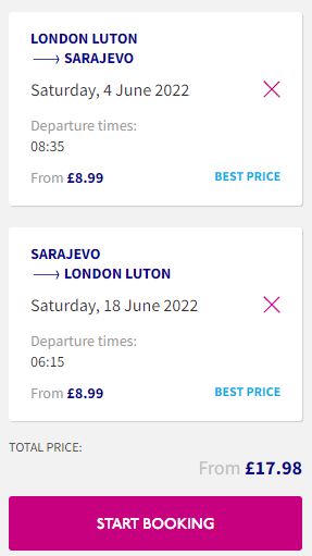 Non-stop flights from London, UK to Sarajevo, Bosnia and Herzegovina for only £17 roundtrip. Flight deal ticket image.