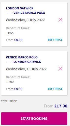 Non-stop flights from London, UK to Venice, Italy for only £17 roundtrip. Flight deal ticket image.