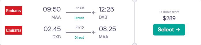 Non-stop flights from Chennai, India to Dubai, UAE for only $289 USD roundtrip with Emirates. Flight deal ticket image.