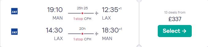 Cheap flights from Manchester, UK to Los Angeles, USA for only £337 roundtrip with SAS. Flight deal ticket image.