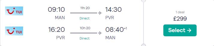 Non-stop, last minute flights from Manchester or London, UK to Puerto Vallarta, Mexico from only £299 roundtrip. Flight deal ticket image.