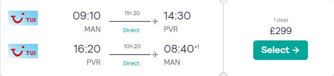 Non-stop flights from Manchester, UK to Puerto Vallarta, Mexico for only £299 roundtrip. Flight deal ticket image.