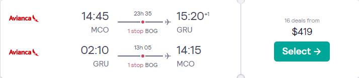 Summer flights from Orlando, Florida to Sao Paulo or Belo Horizonte, Brazil from only $419 roundtrip with Avianca. Flight deal ticket image.