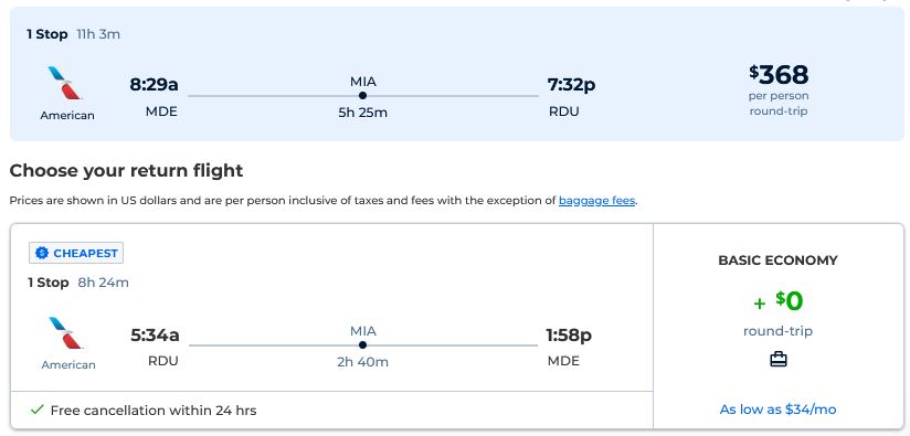 Cheap flights from Medellin, Colombia to Raleigh, North Carolina for only $368 USD roundtrip with American Airlines. Flight deal ticket image.