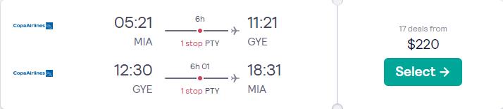 Cheap flights from Miami to Guayaquil, Ecuador for only $215 roundtrip with Copa Airlines. Flight deal ticket image.