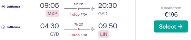 Summer flights from Milan, Italy to Baku, Azerbaijan for only €196 roundtrip with Lufthansa. Flight deal ticket image.