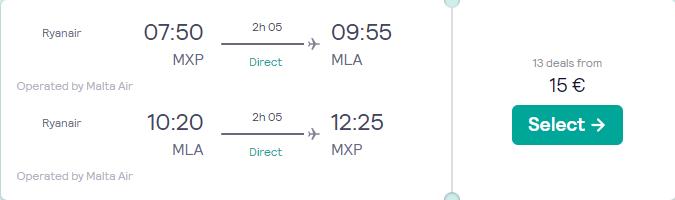 Non-stop flights from Milan, Italy to Malta for only €16 roundtrip. Flight deal ticket image.