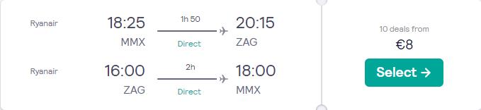 Non-stop flights from Malmo, Sweden to Zagreb, Croatia for only €8 roundtrip. Flight deal ticket image.