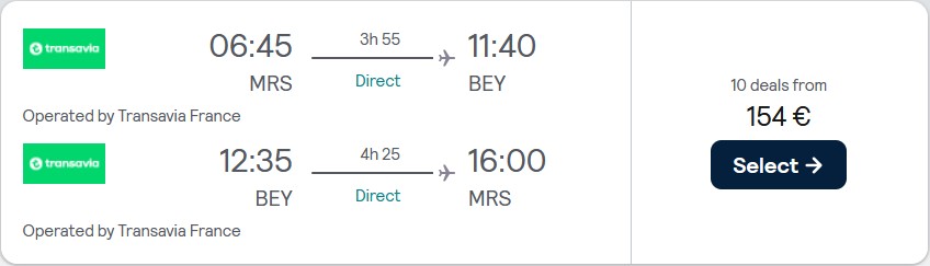 Click here to book this cheap flight deal. Non-stop flights from French cities to Beirut, Lebanon from only €154 roundtrip. Flight deal ticket image.