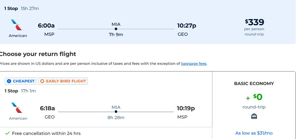 Cheap flights from Minneapolis to Guyana for only $339 roundtrip with American Airlines. Flight deal ticket image.